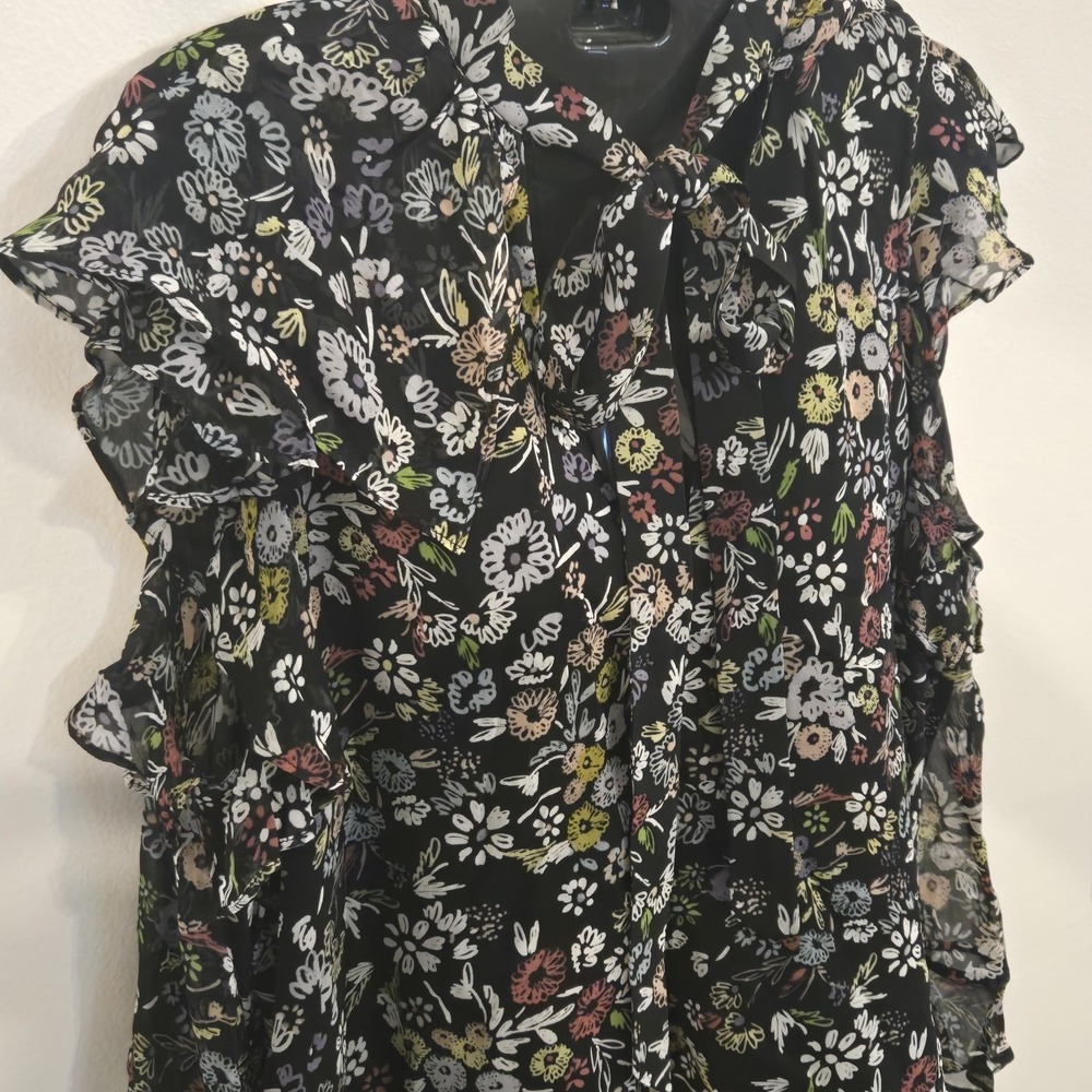 Rebecca Minkoff Black Sheer Floral Short Sleeve Blouse Cottage Core Whimsigoth - Picture 4 of 10